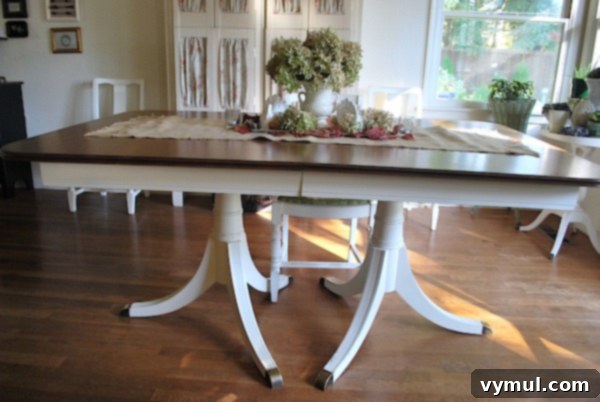 Before and after transformation of a Craigslist dining table, showcasing a modern rustic finish