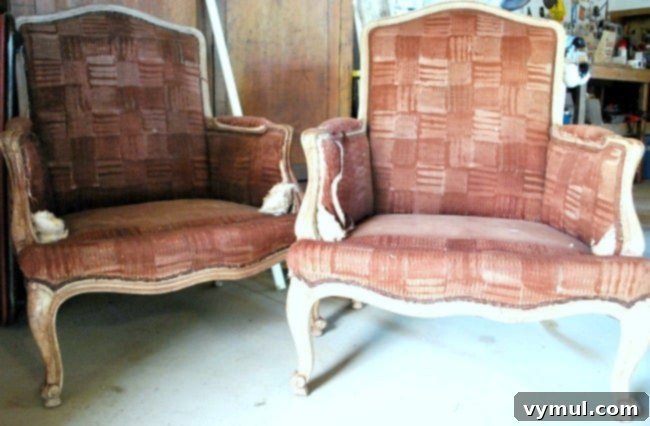 Before photo of Craigslist French chairs, showing their original worn condition