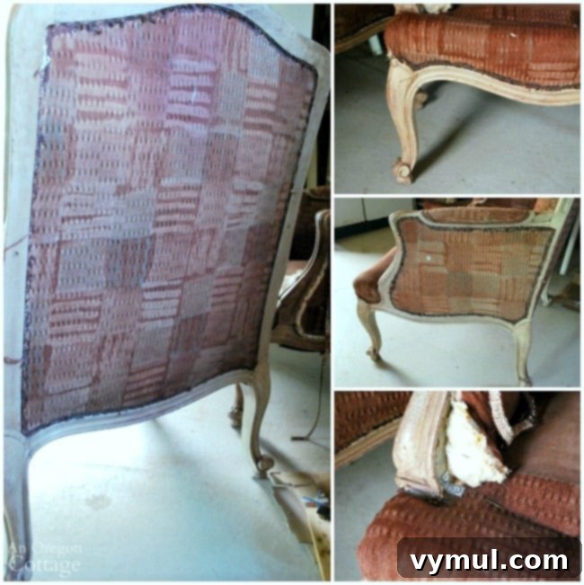 Close-up of a 1970s French Chair before the makeover, highlighting the dated fabric and dark frame