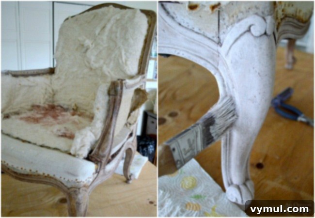 1970s French Chair frame after stripping old fabric, ready for painting