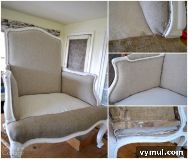 Upholstering the inside of a French Chair, showing fabric stapled to the seat deck