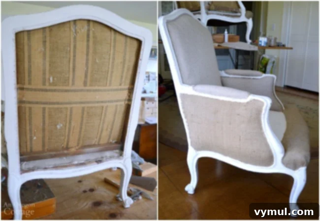 French chair makeover in progress, showing burlap being upholstered on exterior sections
