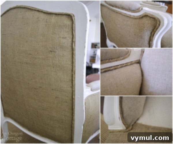 Applying jute cord trim to a French chair to cover staples, enhancing the DIY upholstery