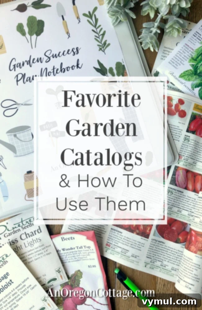 Favorite garden catalogs with seeds and notebook