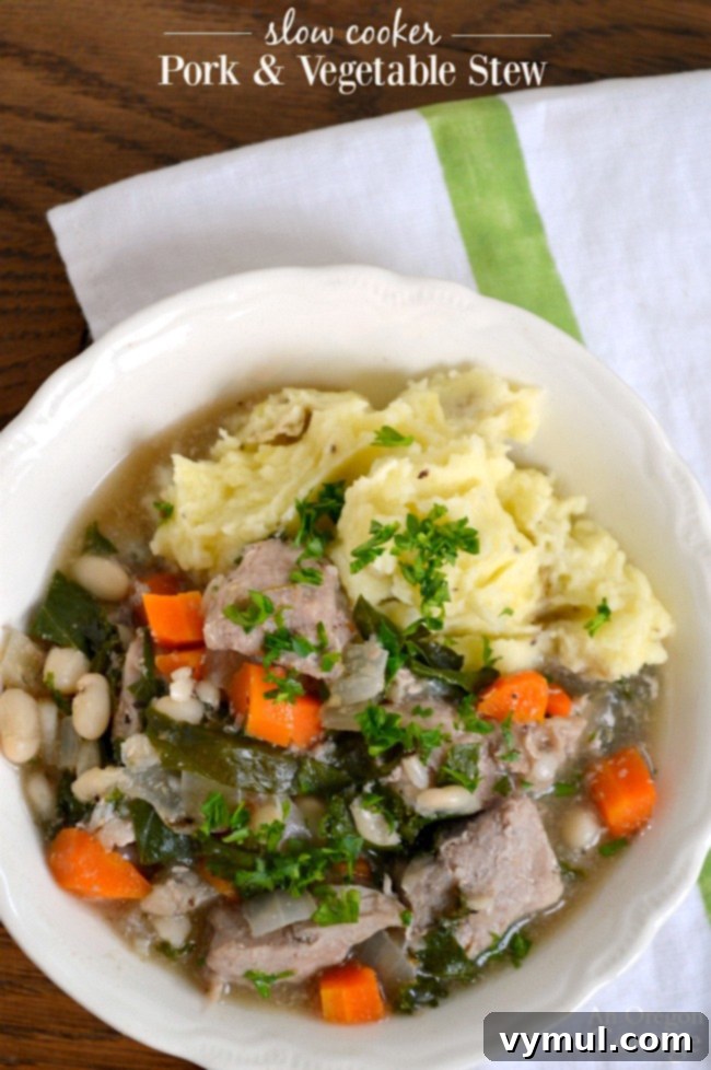 Hearty Slow-Cooked Pork and Vegetable Stew 2 Slow Cooker Pork & Vegetable Stew makes a hearty, healthy, easy weeknight meal.