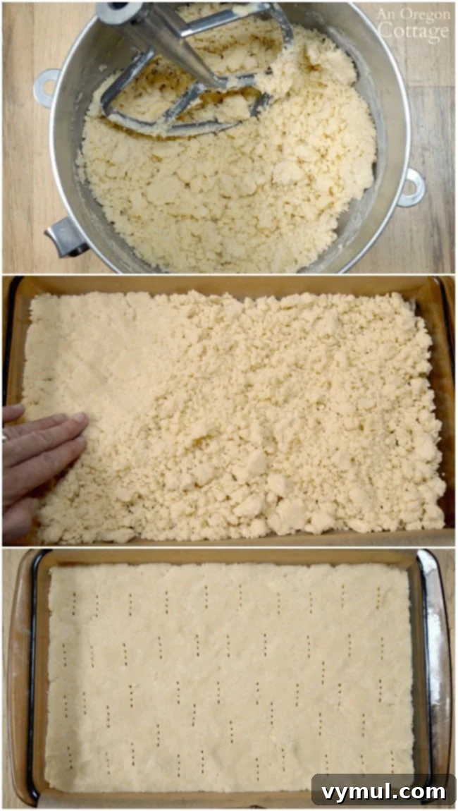 Decadent Caramel Coconut Shortbread Bars 4 Hands pressing shortbread dough into a baking pan for Caramel Coconut Shortbread Cookie Bars