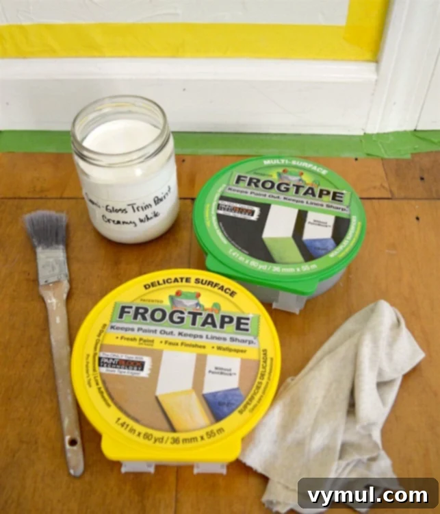 Supplies needed for painting baseboards and trim: tape, brush, paint, rag, drop cloth