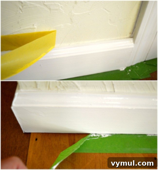 Removing painter's tape from a baseboard while paint is still wet