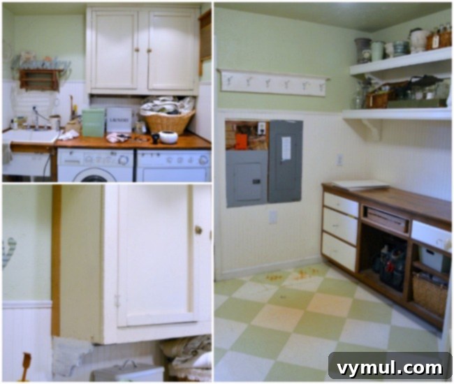 Before photo of a cluttered and unfinished cottage laundry mudroom with unpainted trim and dirty walls.