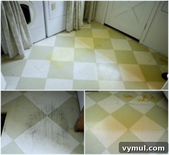 Before photo of a hand-painted diamond pattern floor in a laundry mudroom, showing scratches and stains.