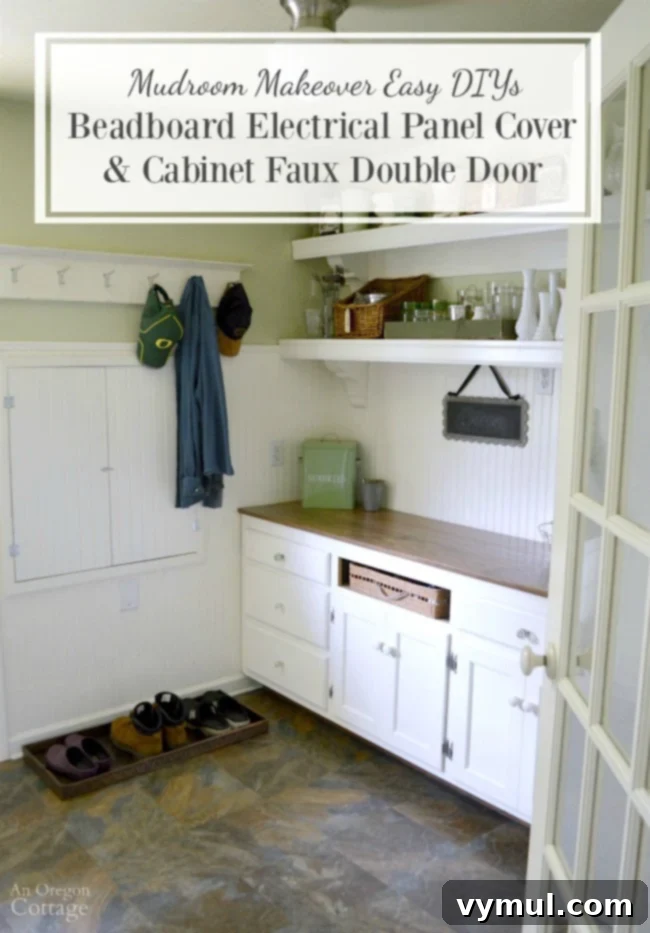 DIY Beadboard Faux Double Door Electrical Panel Cover 2 Easy DIYs for a Mudroom Makeover: Beadboard Electrical Panel Cover and Cabinet Faux Double Door for a stylish, functional space.