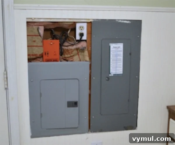 DIY Beadboard Faux Double Door Electrical Panel Cover 3 Mudroom Makeover: Before image of the exposed electrical panel, highlighting the need for a cover to improve aesthetics.