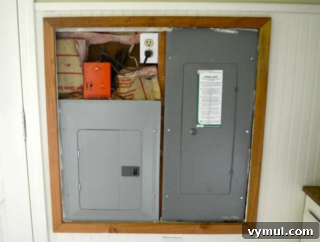 DIY Beadboard Faux Double Door Electrical Panel Cover 4 Mudroom beadboard electrical panel cover framed, showcasing the sturdy 1x2 pine board structure with mitered corners.