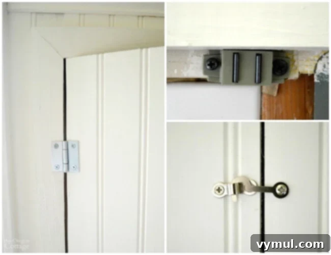 DIY Beadboard Faux Double Door Electrical Panel Cover 5 Mudroom Makeover: Close-up details of the beadboard electrical panel cover, showcasing flush utility hinges and magnetic catches.