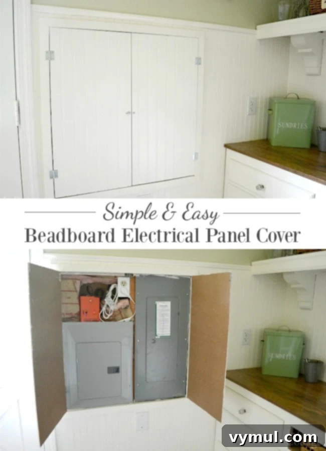 DIY Beadboard Faux Double Door Electrical Panel Cover 8 Simple and easy DIY to cover exposed electrical panels in remodeled rooms, complete with step-by-step instructions for a seamless finish.