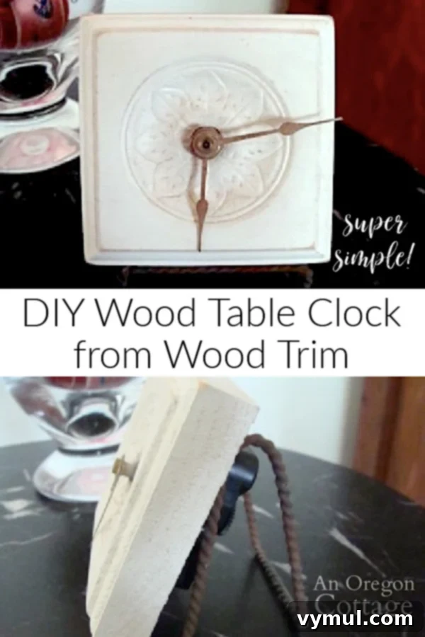 DIY table clock made from a wood trim rosette, perfect for a personalized gift or home decor. 