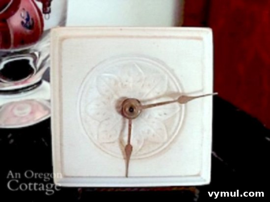 DIY Wood trim table clock on a rustic table, showcasing its handmade charm.