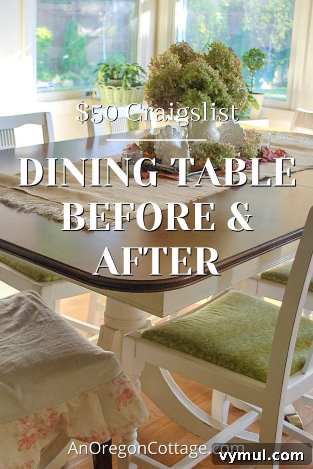 50 dollar dining table before-after: A side-by-side view of a plain $50 dining table transformed into a gorgeous, refinished showpiece with a dark wood top and creamy white base.