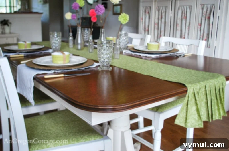 dining table after-early spring: A bright and inviting view of the refinished dining table in early spring, highlighting its beautiful wood top and refreshed base.