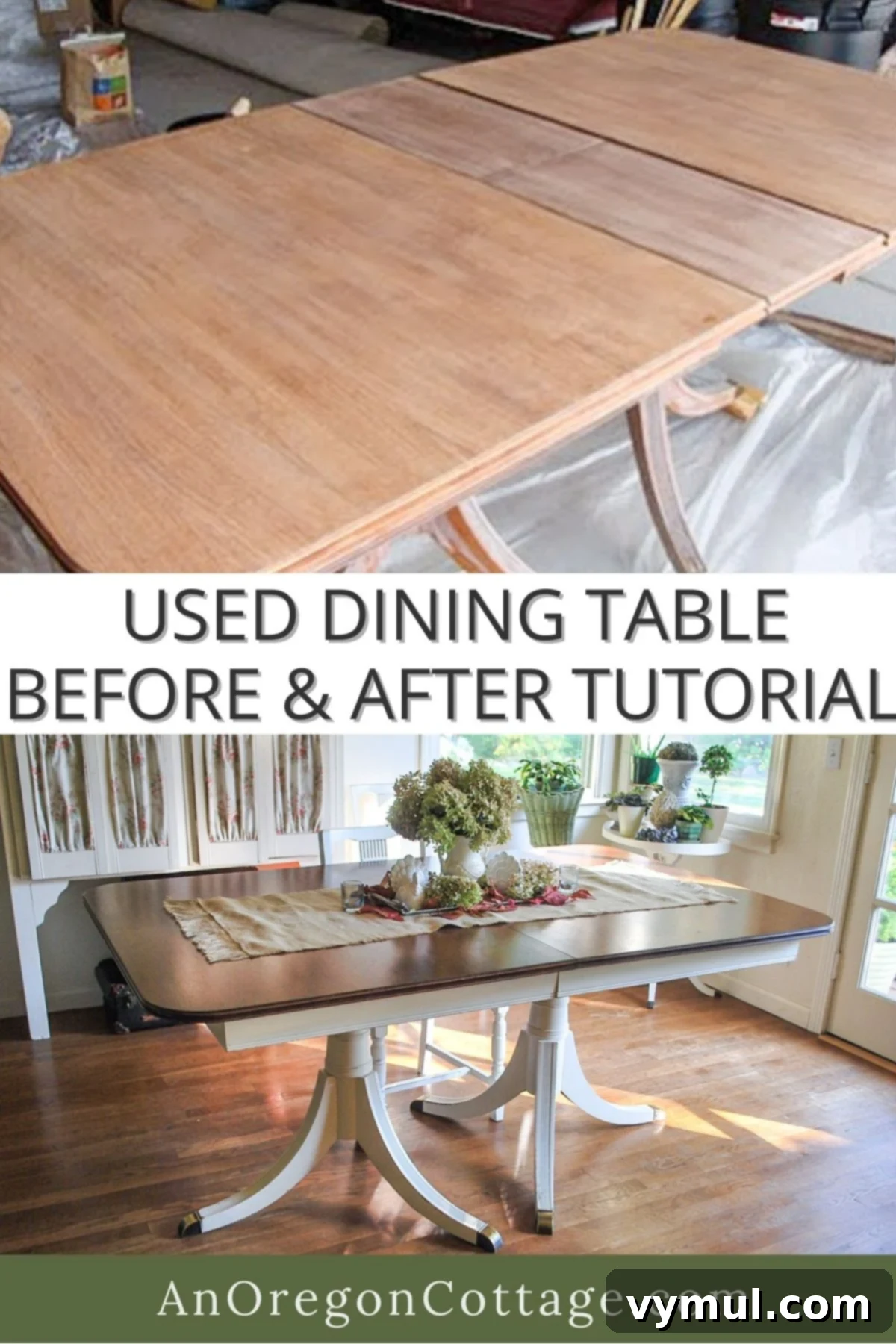 used dining table before-after: A captivating before-and-after image of a $50 Craigslist dining table, showcasing its transformation from a scratched-up surface to a stylish, refinished centerpiece with a painted base and stained wood top.