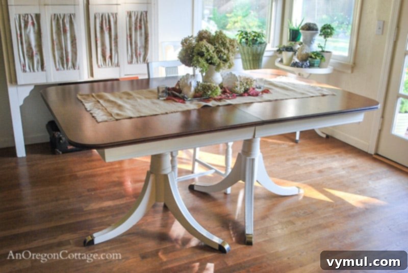 50 dollar dining table after: A beautifully refinished dining table with a rich, dark wood top and a creamy white painted base, showcasing its elegant new look.