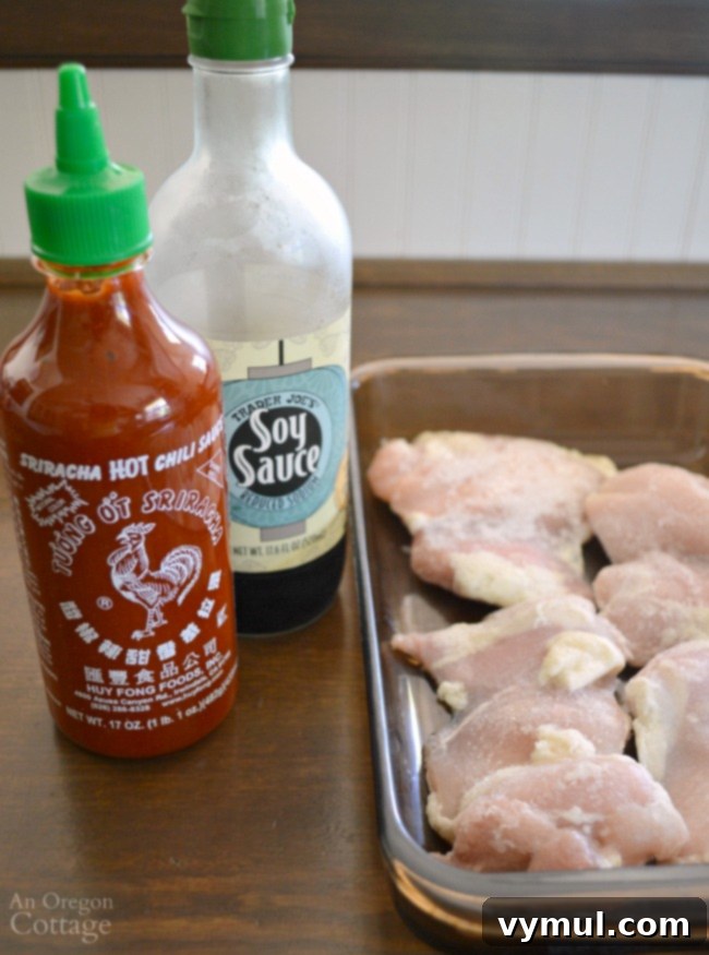 Sriracha Soy Glazed Chicken 3 Three simple ingredients for Soy Sriracha Marinated Chicken: soy sauce, sriracha, and chicken.