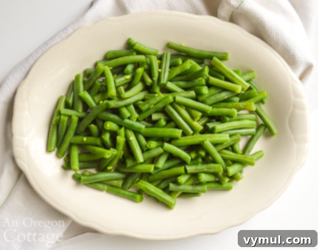 Speedy Healthy Green Bean Delight with Caramelized Onions and Tomatoes 4 Cooked green beans seasoned and placed on a white platter, ready for topping.