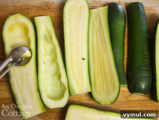 Savory Sausage and Corn Zucchini Boats 6 scooping centers of zucchini