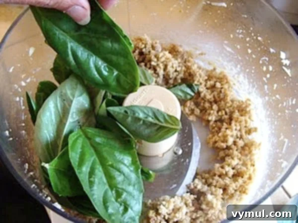 adding basil leaves to bowl of food processor