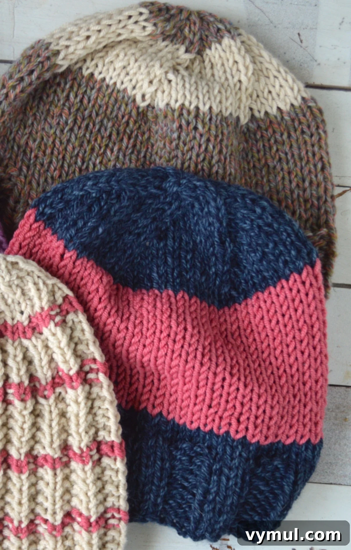 Yarn Stash Rescue Two Free Knit Hat Patterns 2 three knitted beanie hats