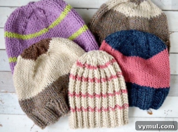 Yarn Stash Rescue Two Free Knit Hat Patterns 3 5 knitted hats on white background