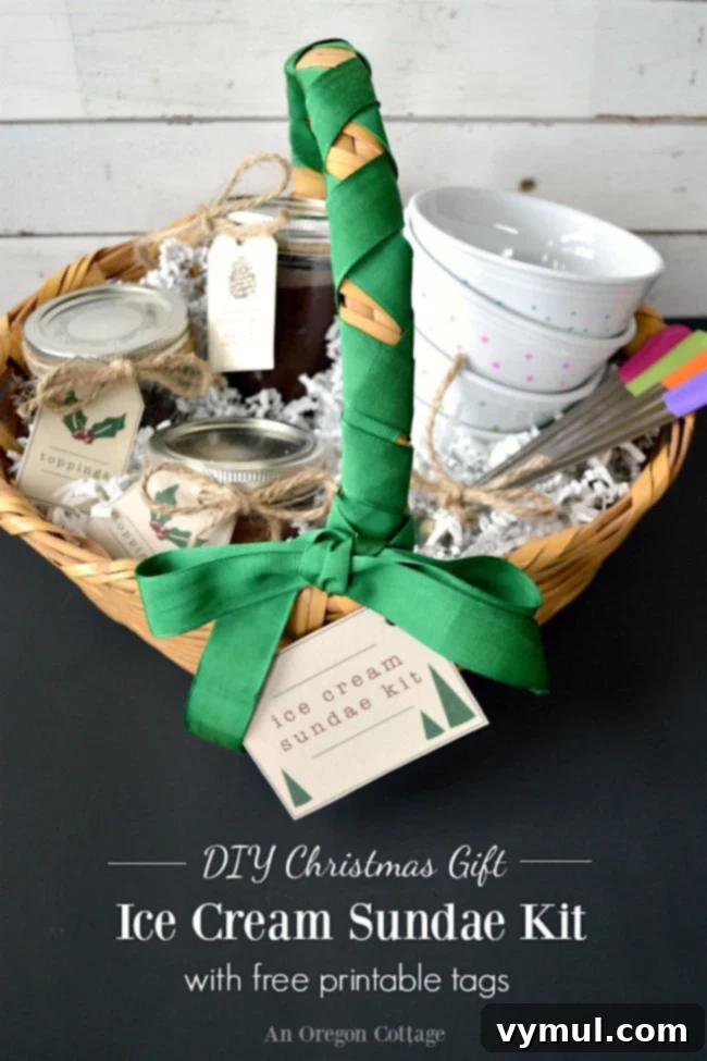 Build Your Own Sundae Gift Basket with Free Tags 2 DIY Ice Cream Sundae Kit in basket.