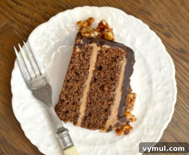 A perfectly sliced Peanut Butter Chocolate Celebration Cake revealing its luscious layers of chocolate cake, peanut butter frosting, and smooth ganache, topped with crispy brittle.
