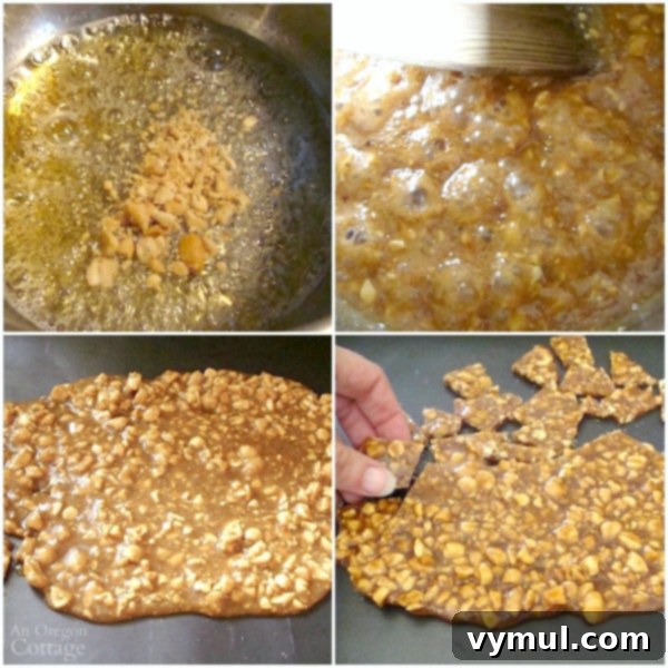 Easy peanut brittle being made for the Peanut Butter-Chocolate Celebration Cake, showing the perfect pale amber color.