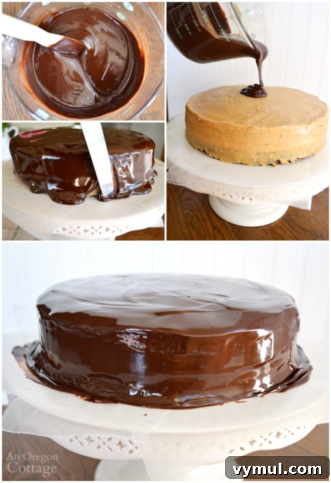 Smooth, glossy chocolate ganache being prepared for the peanut butter-chocolate celebration cake.