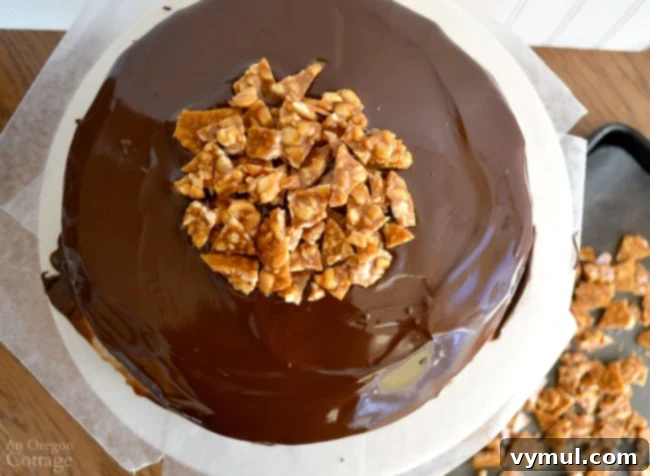 Arranging broken peanut brittle pieces on top of a Peanut Butter-Chocolate Celebration Cake for decoration.