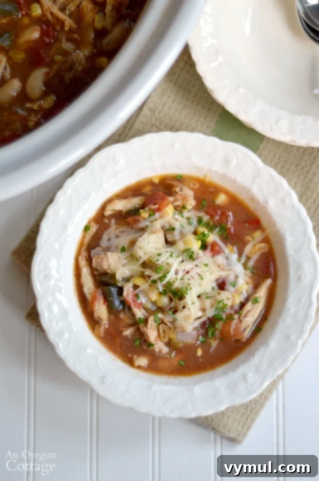Ultimate Chicken Chili Slow Cooker and Stovetop Recipe 7 A perfectly portioned bowl of Slow Cooker Chicken Chili, topped with shredded cheese and a sprig of cilantro, accompanied by a side of tortilla chips.
