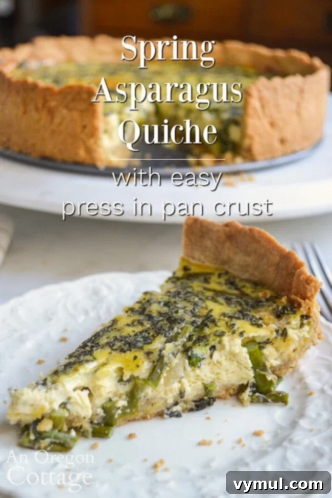 Close-up of a slice of golden-brown spring asparagus quiche with a flaky, easy-to-make crust on a white plate, ready to be served.