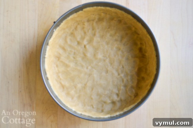Unbaked press-in-the-pan quiche crust in a springform pan before filling.