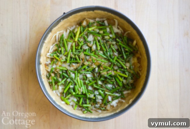 Layering sautéed asparagus and onions over the cheese in the quiche crust.