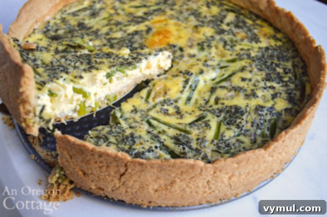 A slice of asparagus quiche being cut from the springform pan, showing the golden crust and filling.