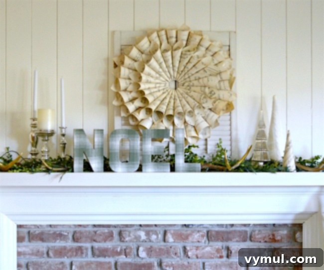 Use vintage sheet music for a DIY wreath and cone tree then add candles, more trees, greens and oversized letters.