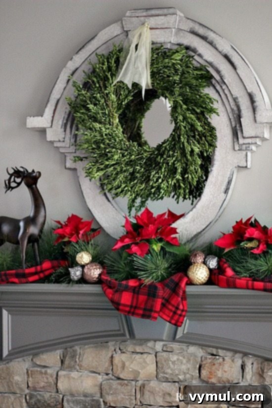 red-christmas-mantel-with-boxwood-wreath-at refreshrestyle.com