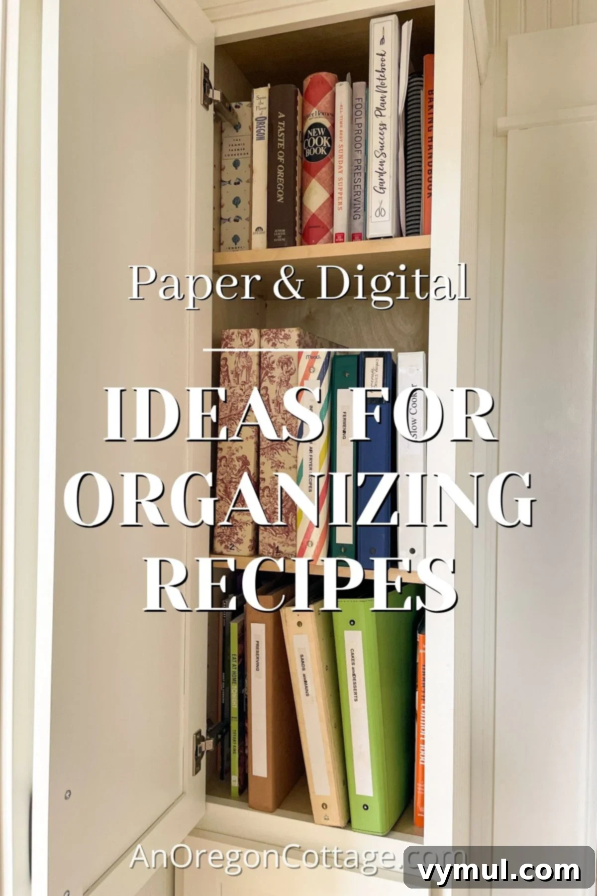 organized recipe binders and cookbooks in cabinet