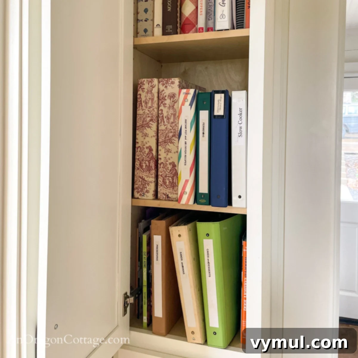 Recipe binders in cabinet