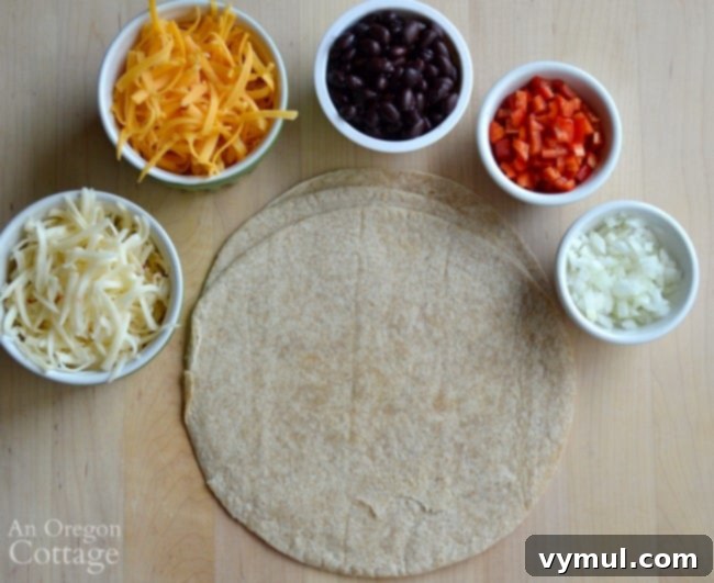 Black Bean Quesadilla Magic 3 Assortment of fresh ingredients for black bean quesadillas including tortillas, black beans, shredded cheese, and chopped vegetables on a wooden board.