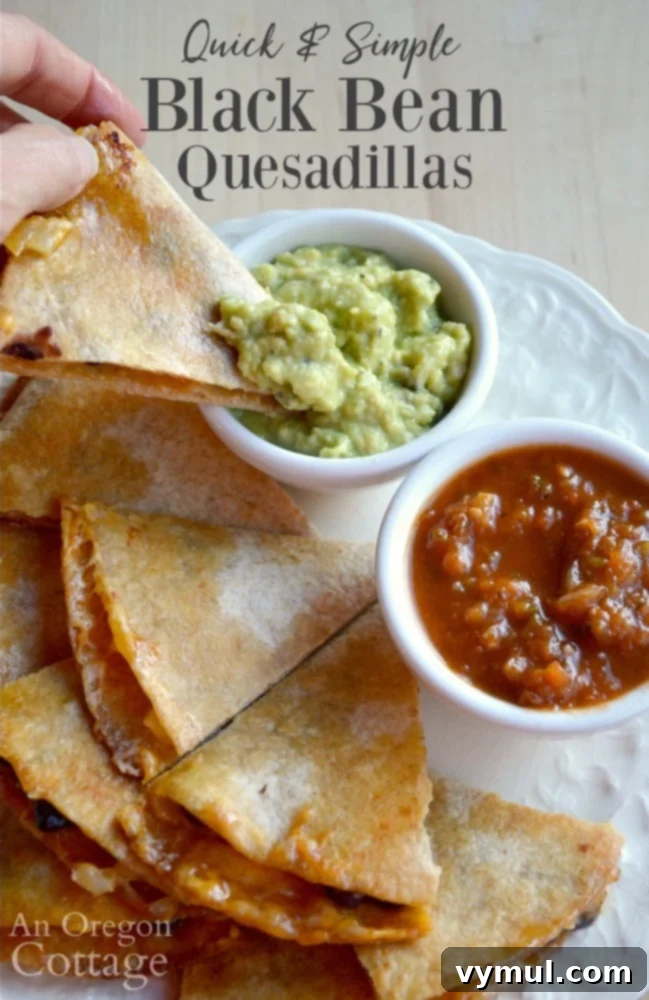 Black Bean Quesadilla Magic 8 Two vibrant black bean quesadilla triangles served with a side of creamy guacamole and a sprinkle of fresh cilantro.