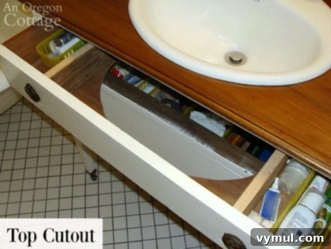 Upcycle a Dresser into a Beautiful Vanity 9 Dresser to Vanity-Top Drawer Cutout for plumbing