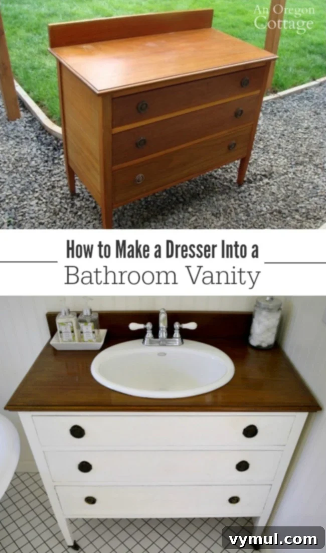 Upcycle a Dresser into a Beautiful Vanity 14 How to Turn a Dresser into a vanity infographic with step-by-step instructions