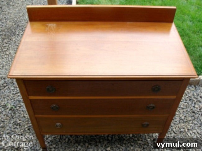 Upcycle a Dresser into a Beautiful Vanity 4 Thrifted Dresser top showing scratches and imperfections